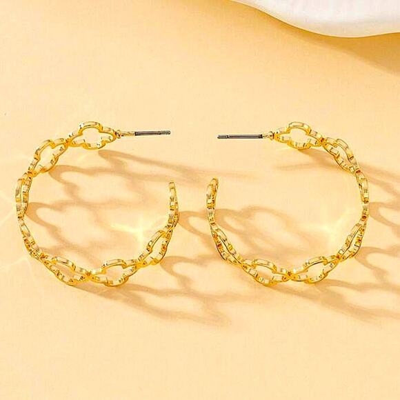 Gold Four Leaf Clover Hoop Earrings, Luxury Minimalist - Picture 2 of 5